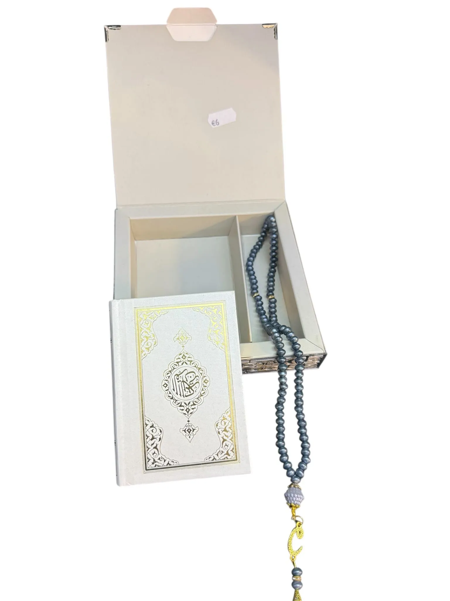 Koranbox mit mittelgroßem Koran silber/gold und Gebetskette in dunkelblau