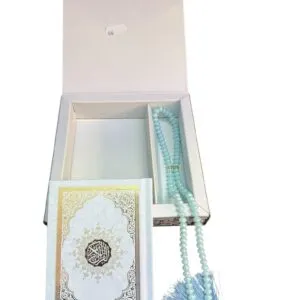 Koranbox mit mittelgroßem Koran silber/gold und Gebetskette in hellblau