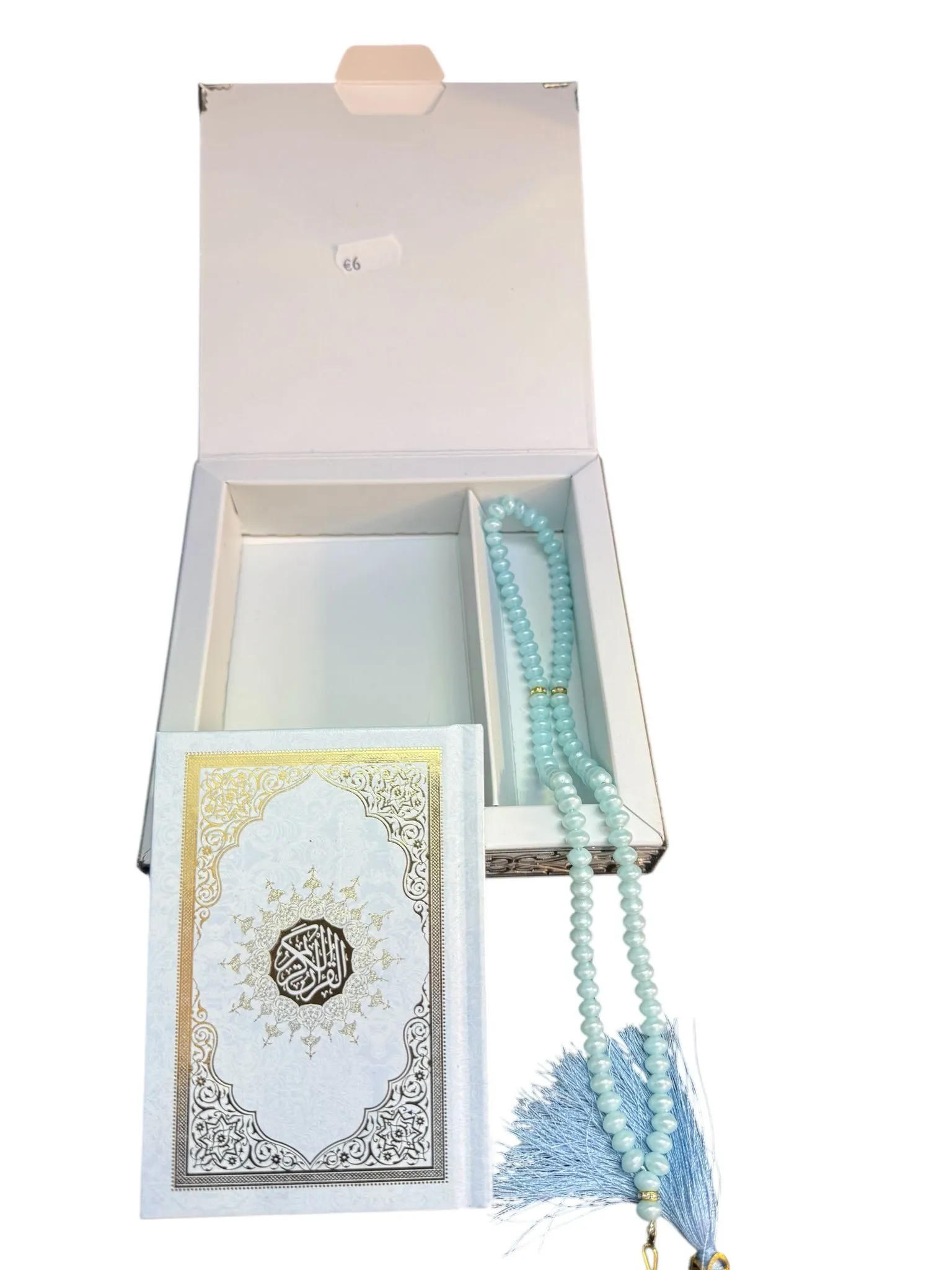 Koranbox mit mittelgroßem Koran silber/gold und Gebetskette in hellblau