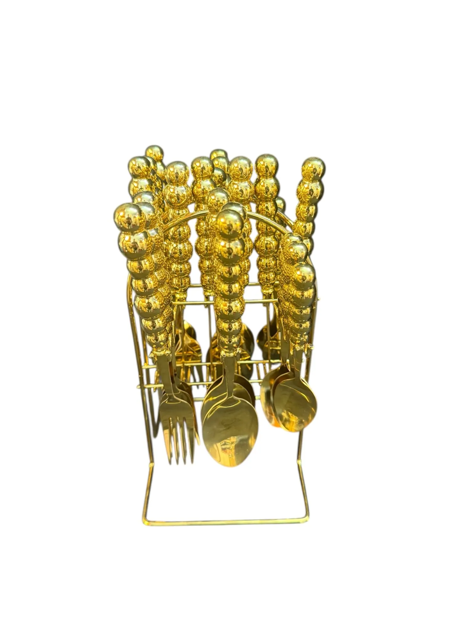 goldfarbenes Besteckset in Bubbleoptik mit passendem Aufsteller; 4x Esslöffel, 4x Gabeln, 4x Messer, 4x Kuchengabeln, 4x Teelöffel