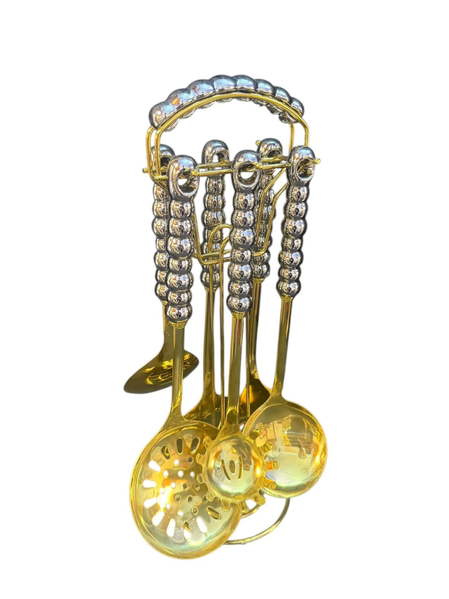 Set aus 6 silberfarbenen Küchenutensilien in Bubbleoptik mit passendem Aufsteller