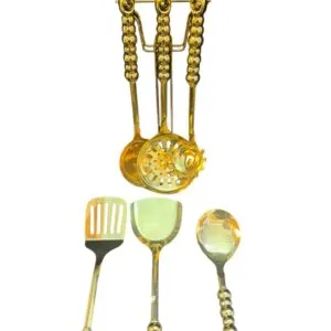 Set aus 6 goldfarbenen Küchenutensilien in Bubbleoptik mit passendem Aufsteller