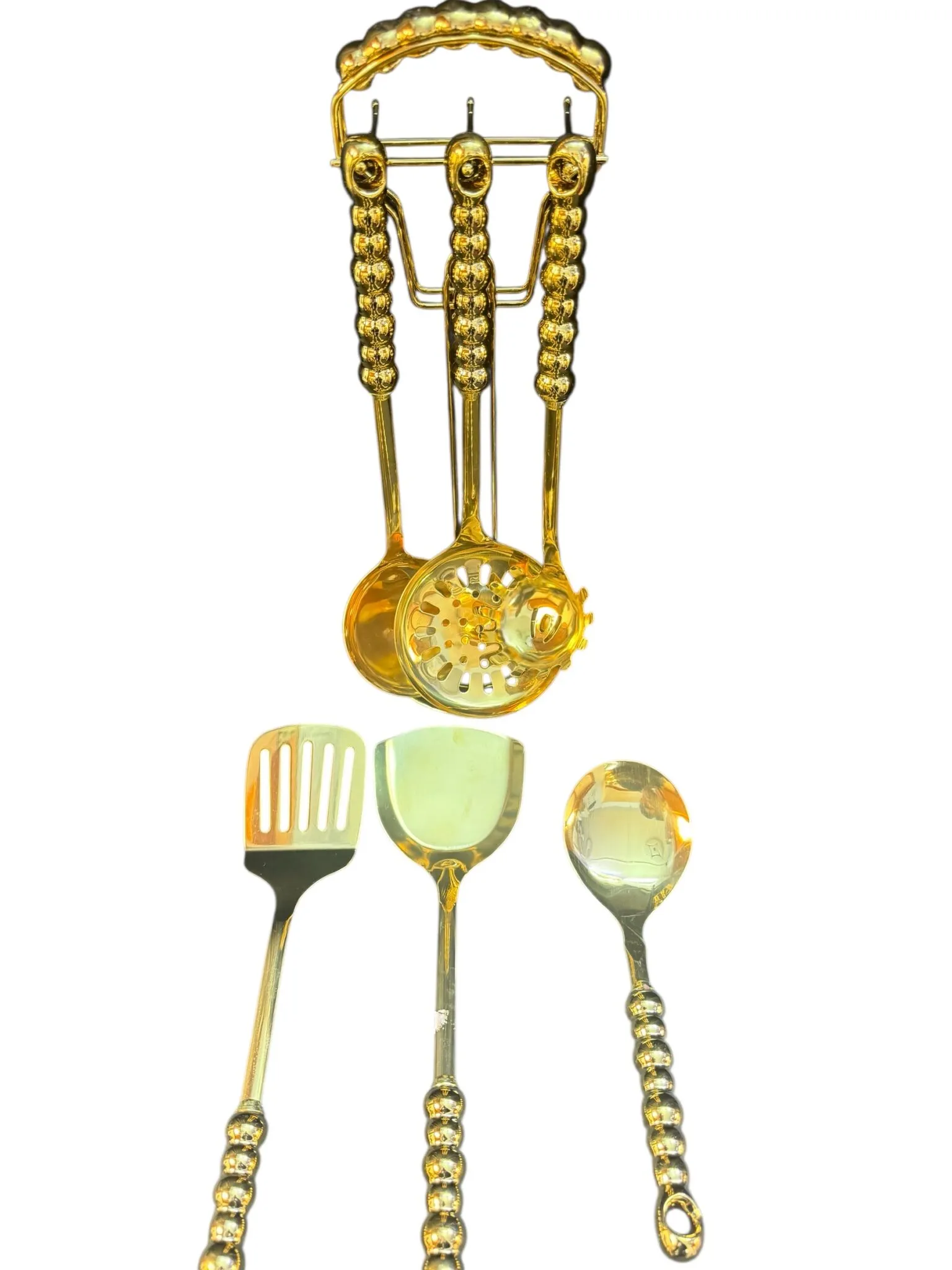 Set aus 6 goldfarbenen Küchenutensilien in Bubbleoptik mit passendem Aufsteller